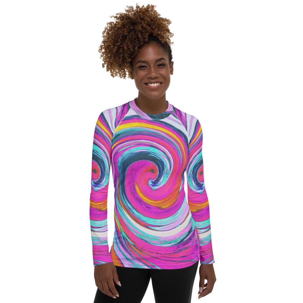 Women's Rash Guard Shirts, Cool Retro Magenta, Pink and Blue Liquid Art Swirl