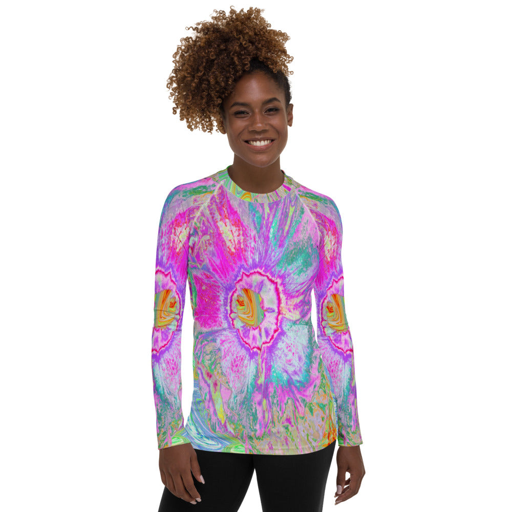 Women's Rash Guard Shirts, Psychedelic Hot Pink and Ultra-Violet Hibiscus