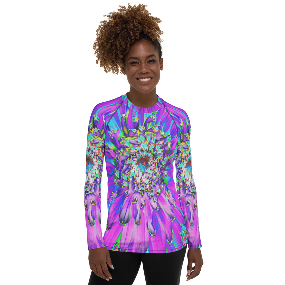 Women's Rash Guard Shirts, Trippy Abstract Aqua, Lime Green and Purple Dahlia