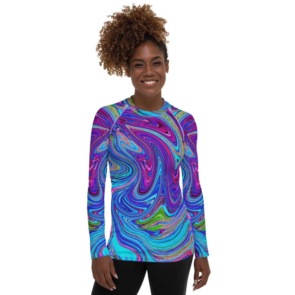 Women's Rash Guard Shirts, Blue, Pink and Purple Groovy Abstract Retro Art