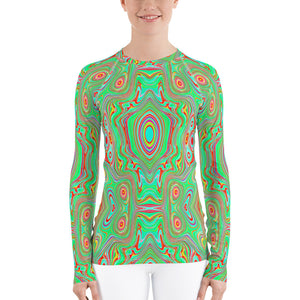 Women's Rash Guard Shirts, Trippy Retro Orange and Lime Green Abstract Pattern