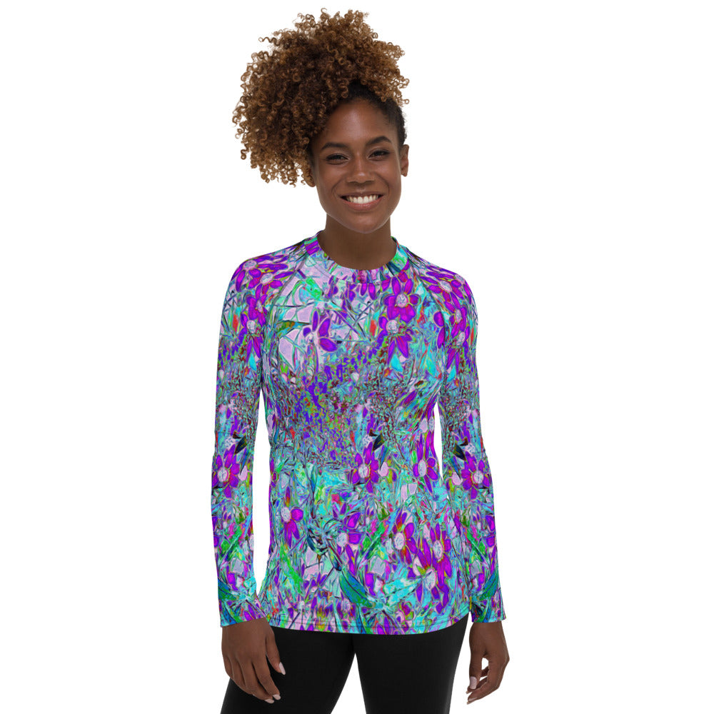 Women's Rash Guard Shirts, Aqua Garden with Violet Blue and Hot Pink Flowers