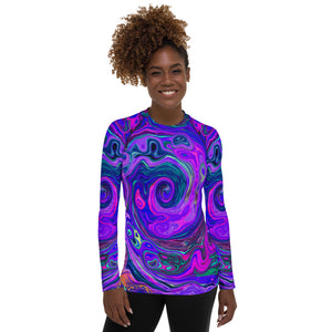 Women's Rash Guard Shirts, Groovy Abstract Retro Magenta and Purple Swirl