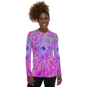 Women's Rash Guard Shirts, Cool Pink Blue and Purple Artsy Dahlia Bloom