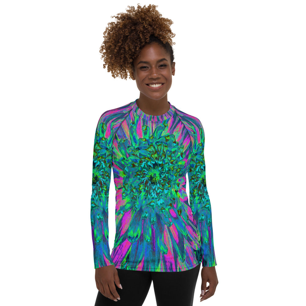 Women's Rash Guard Shirts, Psychedelic Magenta, Aqua and Lime Green Dahlia