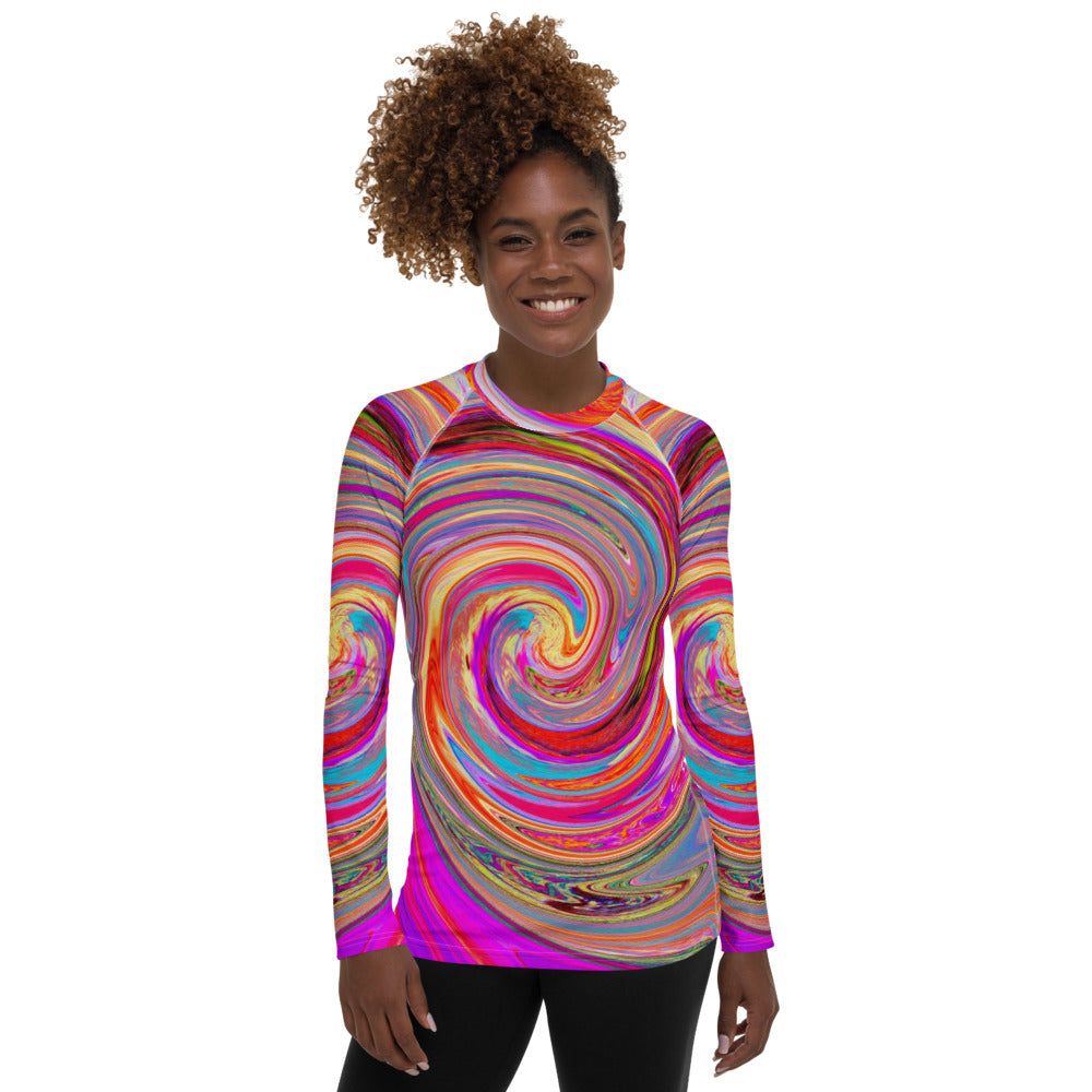 Women's Rash Guard Shirts, Colorful Rainbow Swirl Retro Abstract Design