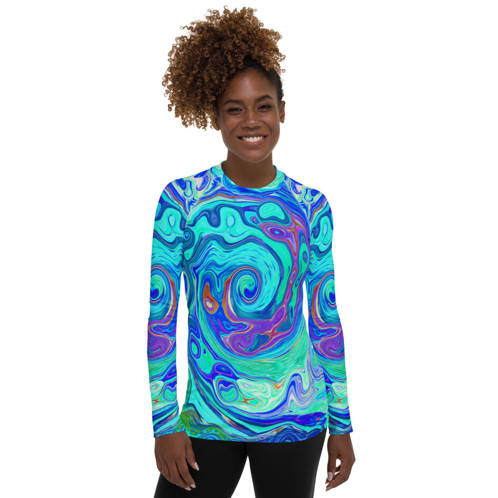 Women's Rash Guard Shirts, Groovy Abstract Ocean Blue and Green Liquid Swirl