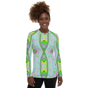 Women's Rash Guard Shirts, Retro Abstract Pink, Lime Green and Aqua Pattern