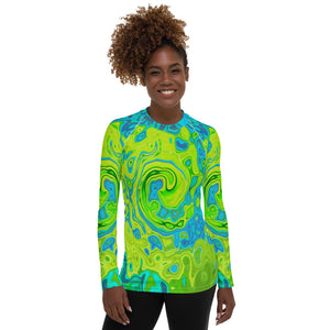 Women's Rash Guard Shirts, Groovy Chartreuse and Aquamarine Liquid Swirl
