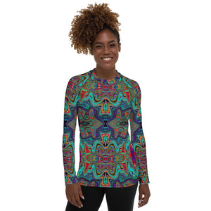 Women's Rash Guard Shirts, Wavy Sea Foam Green and Red Trippy Pattern