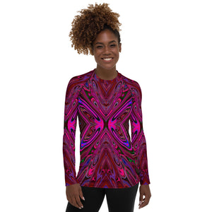 Women's Rash Guard Shirts, Trippy Hot Pink, Red and Blue Abstract Butterfly