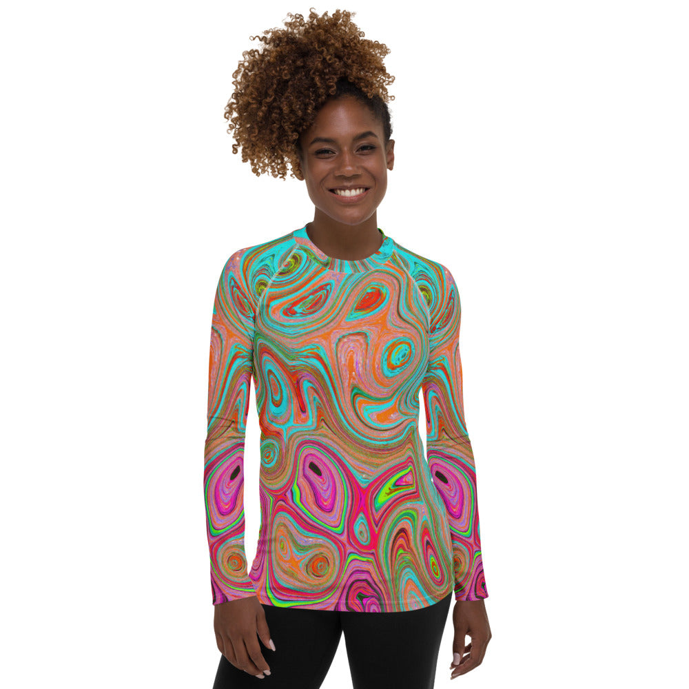 Women's Rash Guard Shirts, Trippy Retro Orange and Aqua Groovy Abstract Art