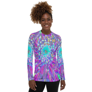 Women's Rash Guard Shirts, Purple and Robin's Egg Blue Decorative Dahlia