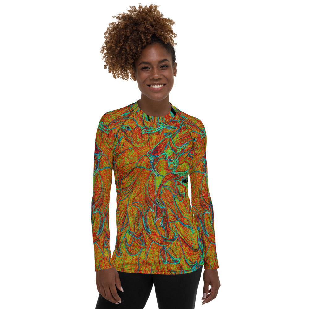 Women's Rash Guard Shirts, Abstract Burnt Orange and Green Dahlia Bloom