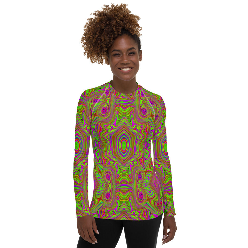 Women's Rash Guard Shirts, Trippy Retro Chartreuse Magenta Abstract Pattern