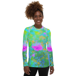 Women's Rash Guard Shirts, Pink Rose of Sharon Impressionistic Garden