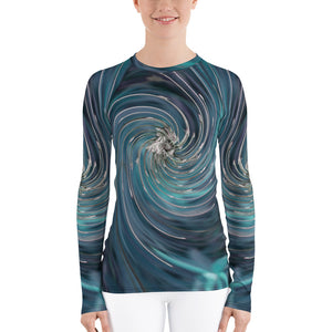 Women's Rash Guard Shirts, Cool Abstract Retro Black and Teal Cosmic Swirl