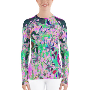 Women's Rash Guard Shirts, Cool Abstract Retro Nature in Pink and Lime Green