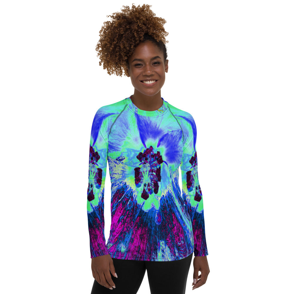 Women's Rash Guard Shirts, Psychedelic Retro Green and Blue Hibiscus Flower