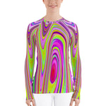 Women's Rash Guard Shirts, Trippy Yellow and Pink Abstract Groovy Retro Art