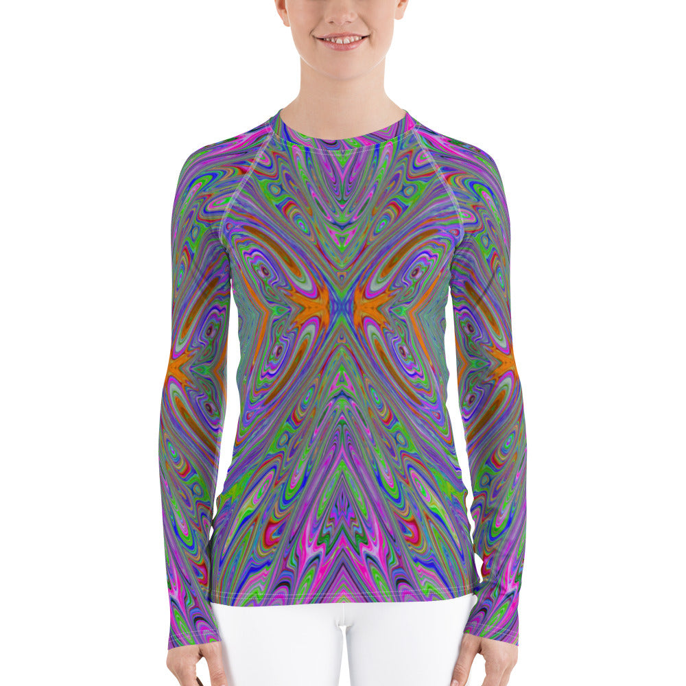 Women's Rash Guard Shirts, Abstract Trippy Purple, Orange and Lime Green Butterfly