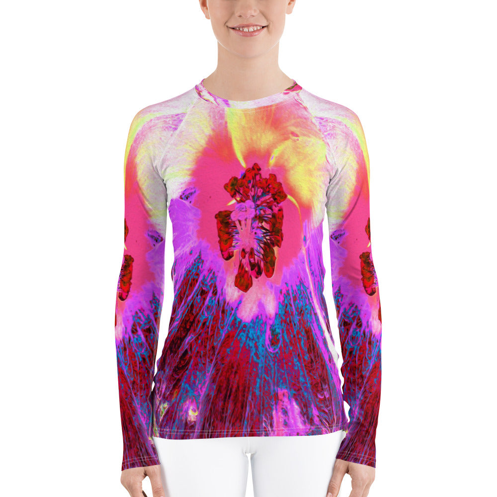 Women's Rash Guard Shirts, Psychedelic Trippy Rainbow Colors Hibiscus Flower