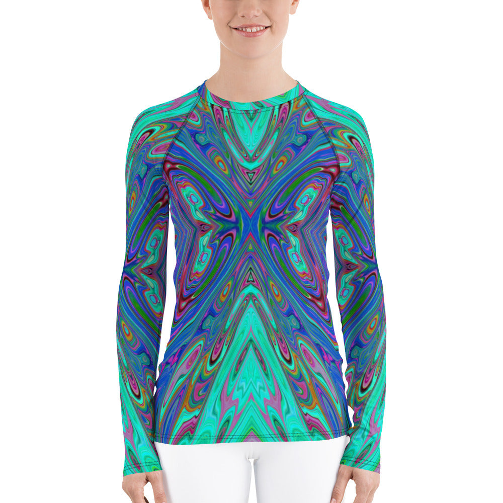 Women's Rash Guard Shirts, Trippy Retro Blue and Red Abstract Butterfly