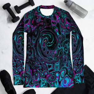 Women's Rash Guard Shirts, Retro Aqua Magenta and Black Abstract Swirl
