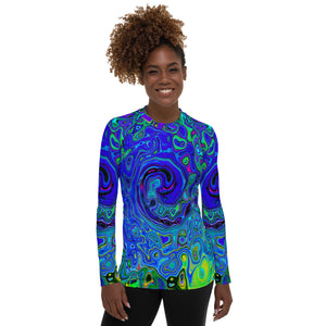 Women's Rash Guard Shirts, Trippy Violet Blue Abstract Retro Liquid Swirl