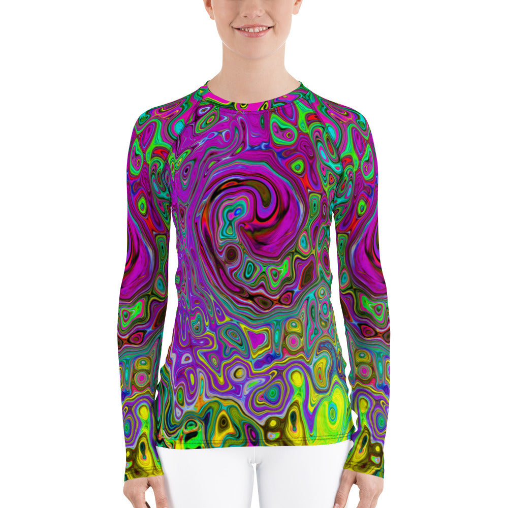 Women's Rash Guard Shirts, Groovy Purple Abstract Retro Liquid Swirl
