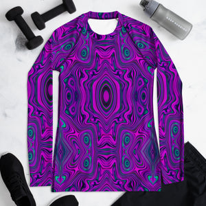 Women's Rash Guard Shirts, Trippy Retro Magenta and Black Abstract Pattern