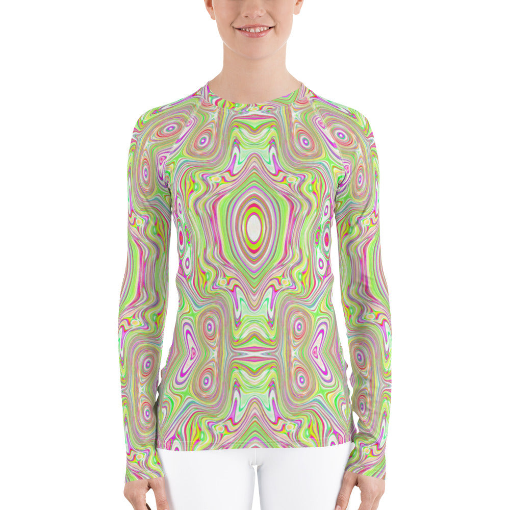 Women's Rash Guard Shirts, Trippy Retro Pink and Lime Green Abstract Pattern