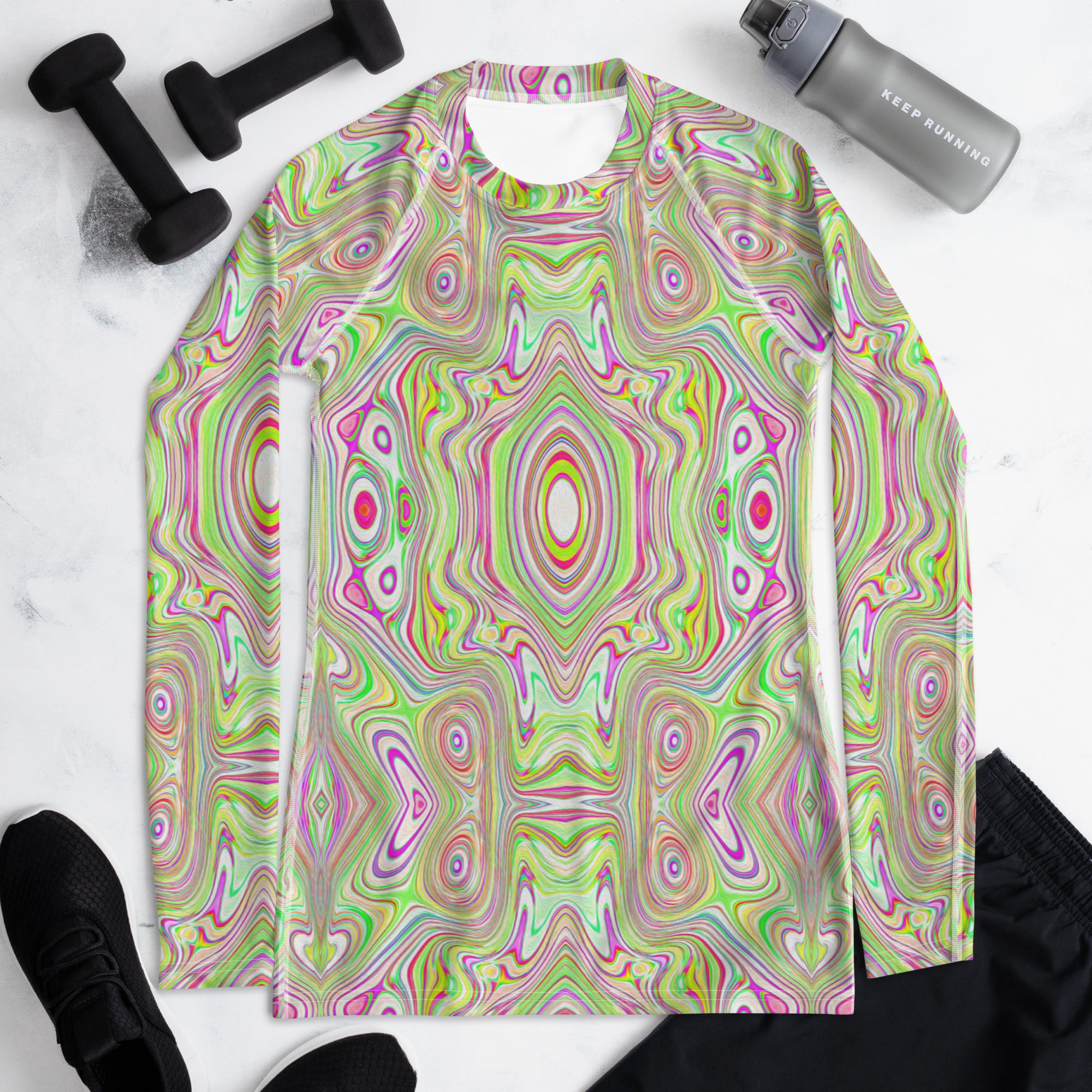 Women's Rash Guard Shirts, Trippy Retro Pink and Lime Green Abstract Pattern