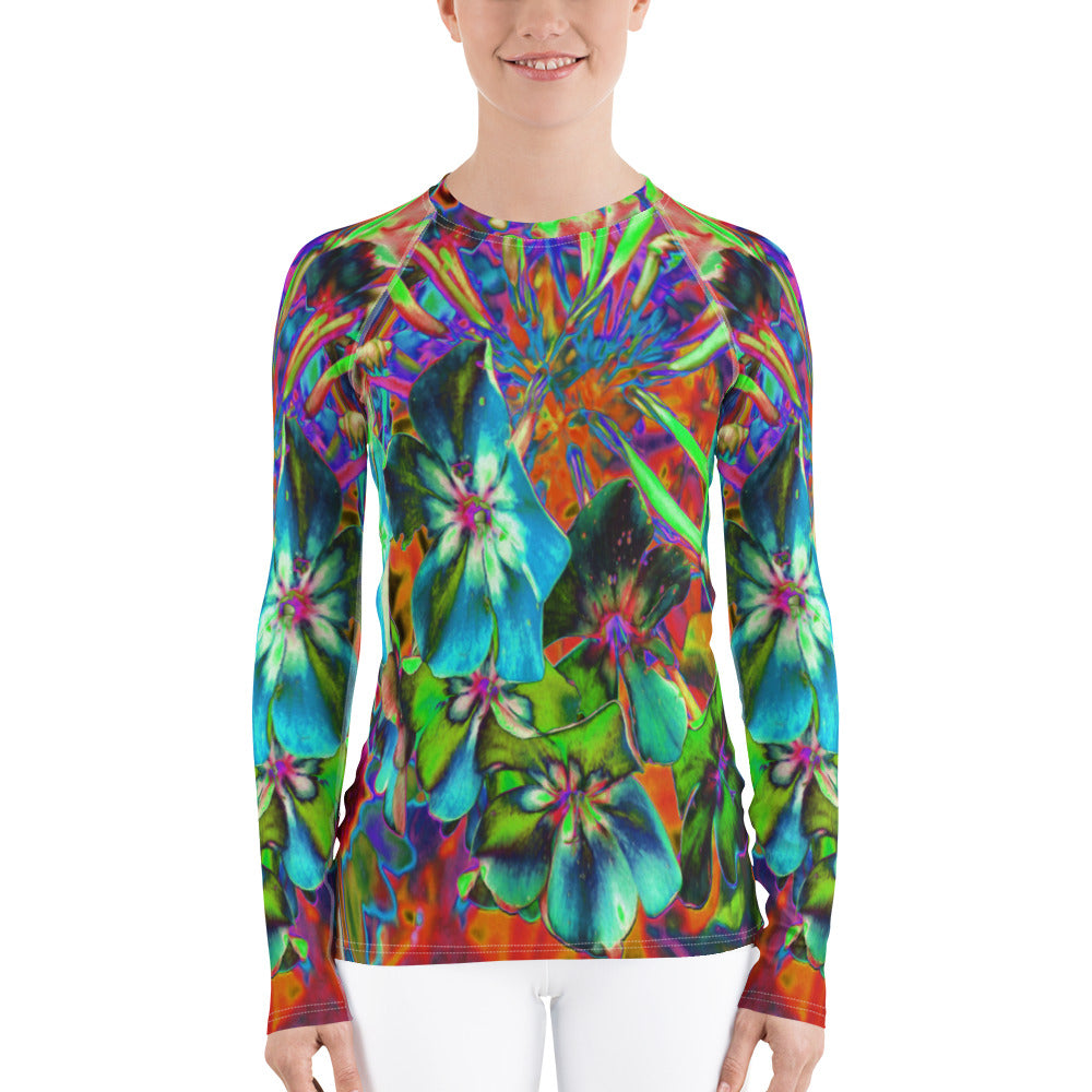Women's Rash Guard Shirts, Blooming Abstract Blue and Lime Green Flower