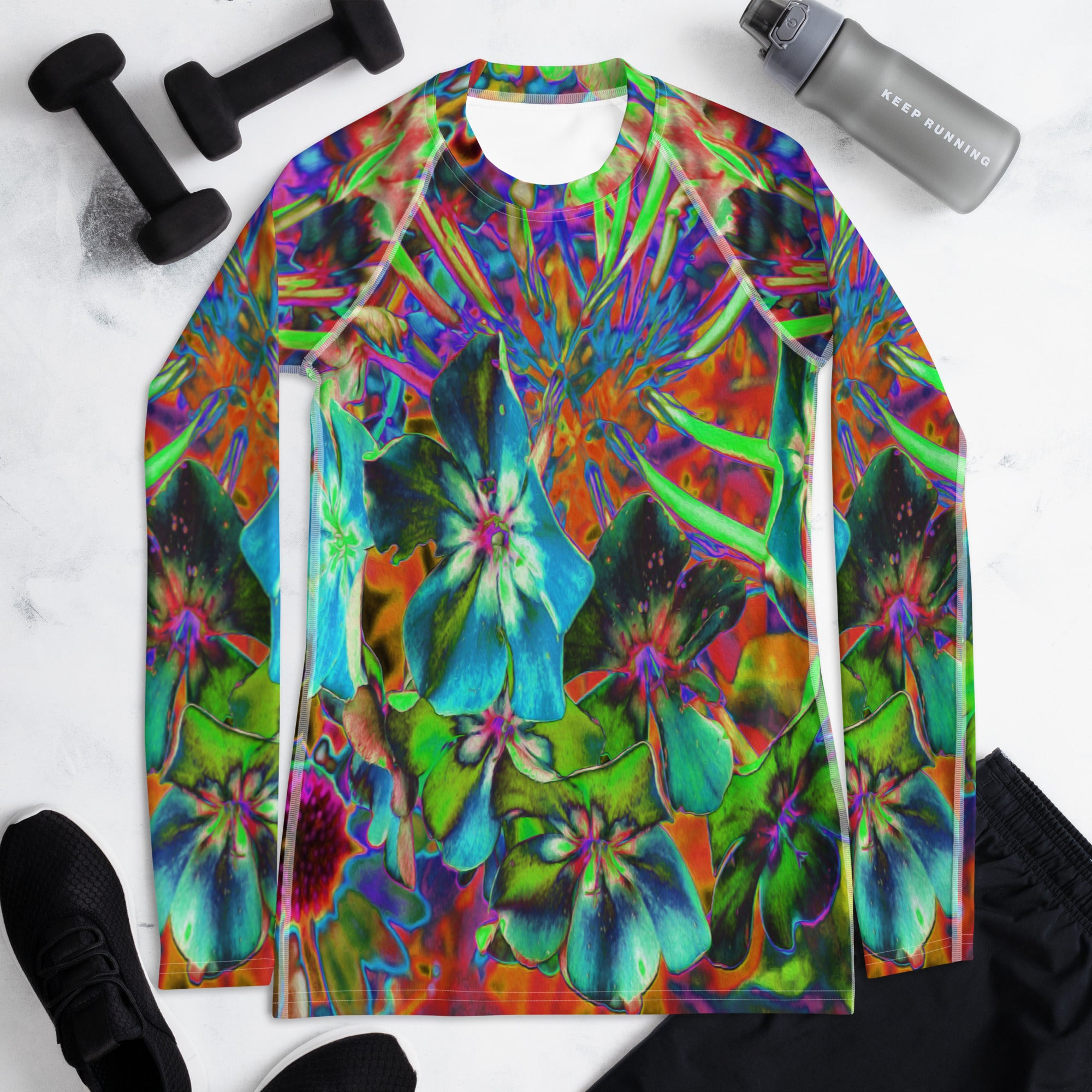 Women's Rash Guard Shirts, Blooming Abstract Blue and Lime Green Flower