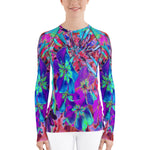 Women's Rash Guard Shirts, Blooming Abstract Purple and Blue Flower