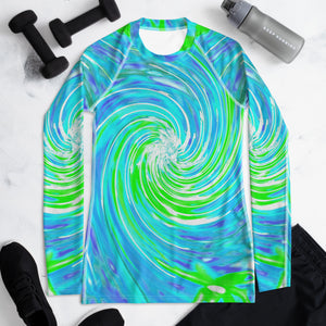 Women's Rash Guard Shirts, Cool Abstract Retro Aqua and Lime Green Floral Swirl
