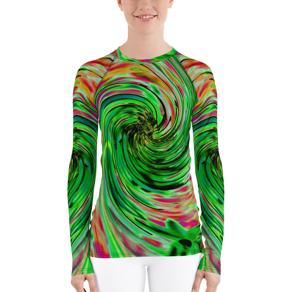 Women's Rash Guard Shirts, Cool Abstract Lime Green and Black Floral Swirl