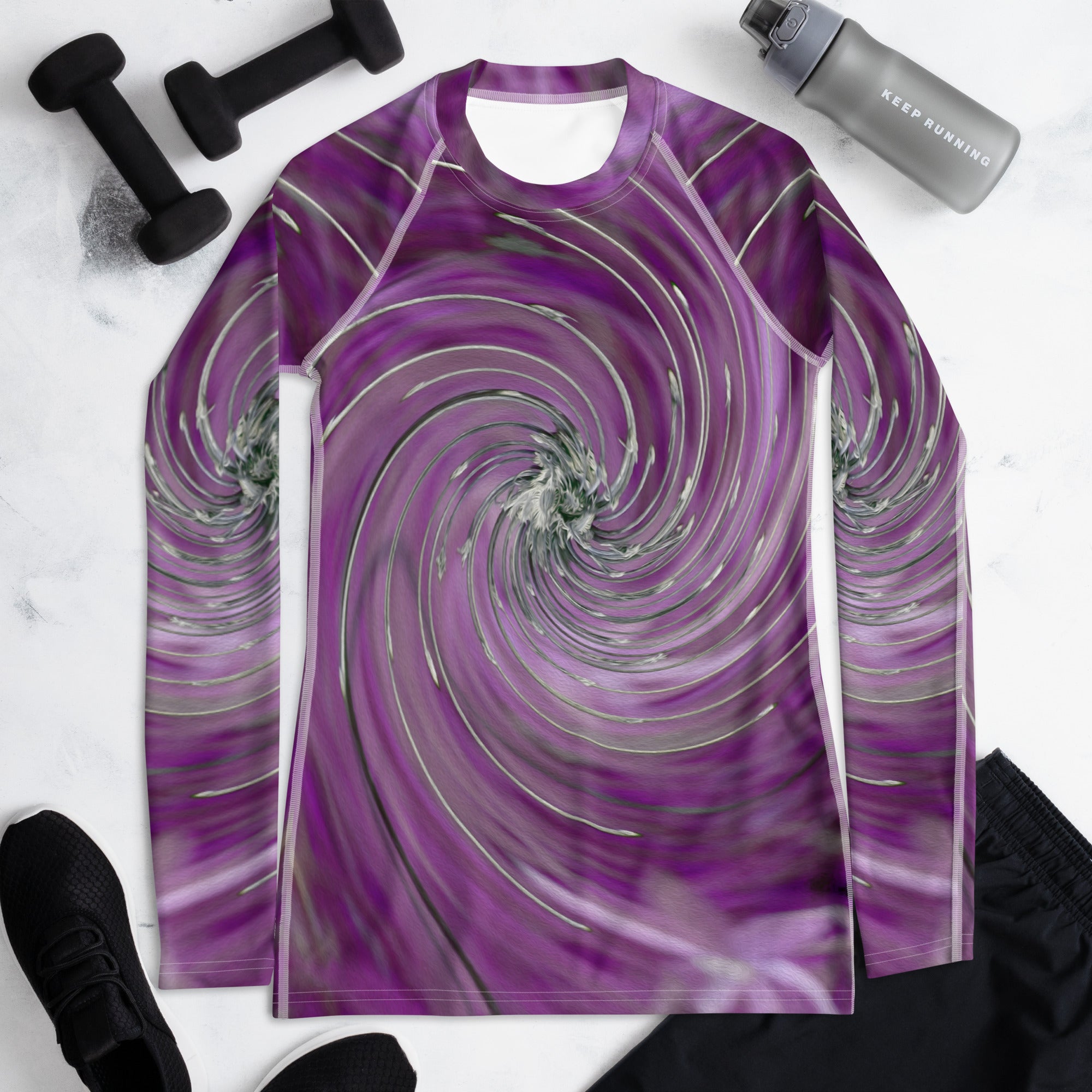 Women's Rash Guard Shirts, Cool Abstract Purple Floral Swirl