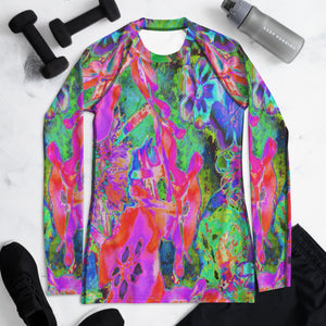 Women's Rash Guard Shirts - Trippy Psychedelic Hot Pink and Purple Flowers