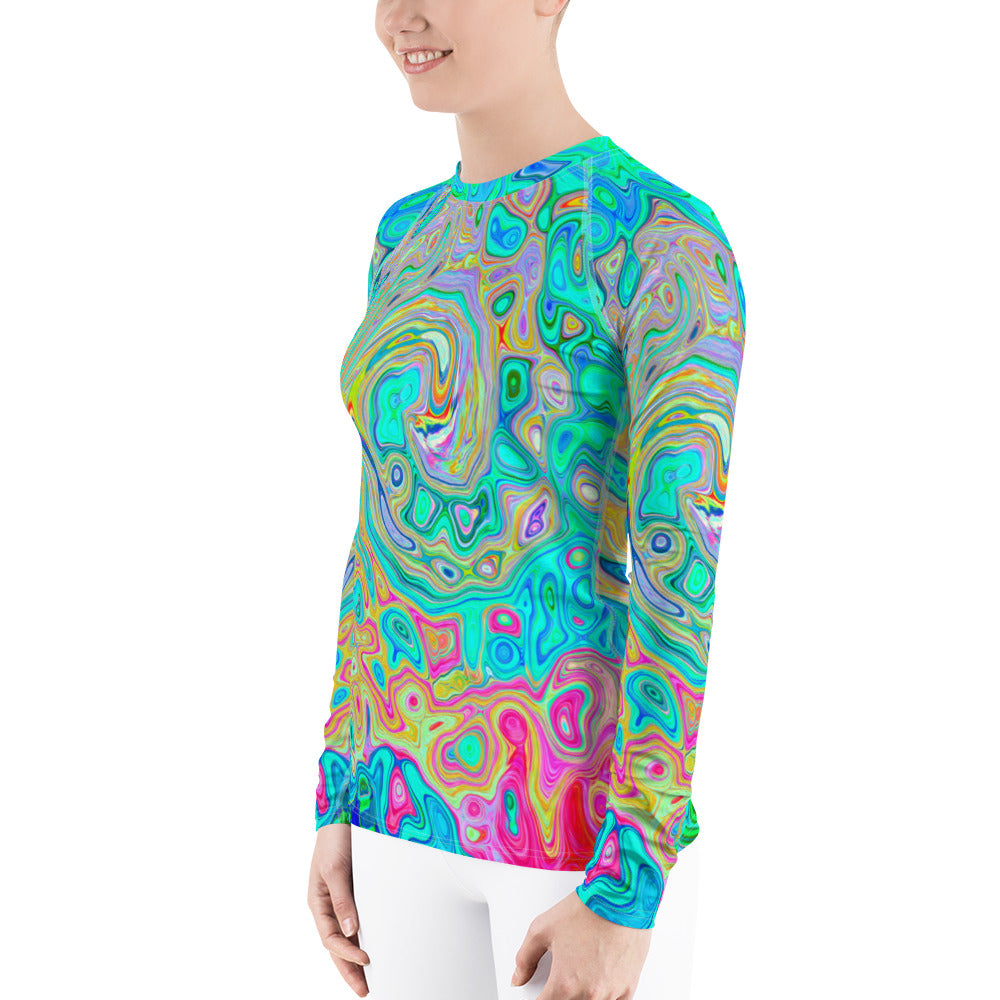 Women's Rash Guard Shirts, Groovy Abstract Retro Rainbow Liquid Swirl