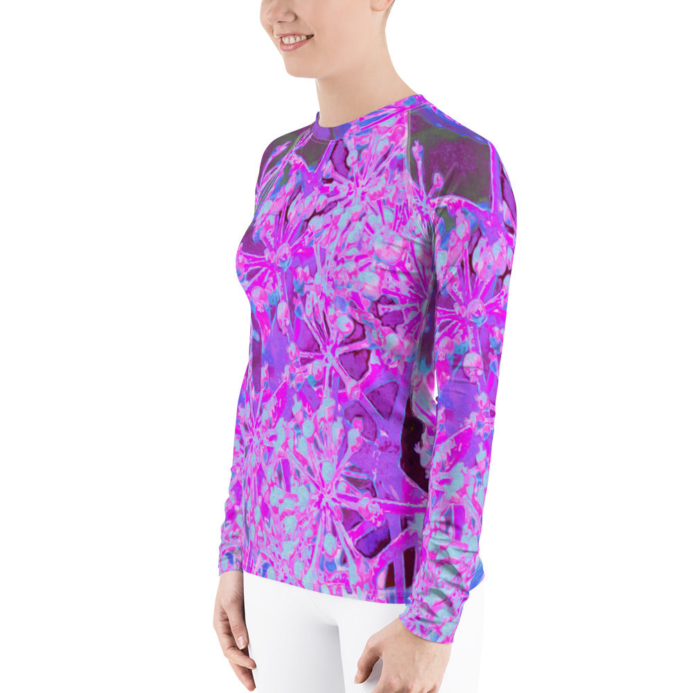 Women's Rash Guard Shirts, Cool Abstract Retro Nature in Hot Pink and Purple