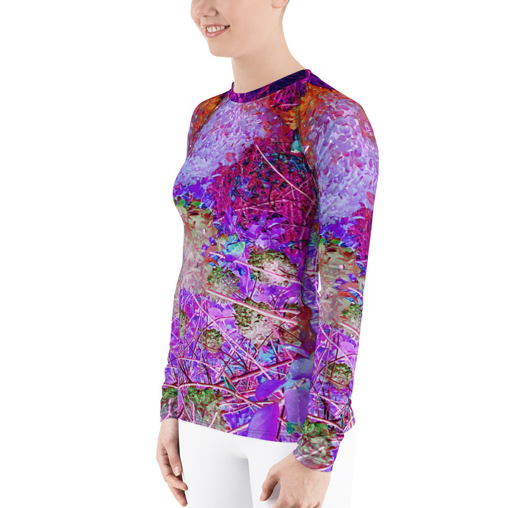 Women's Rash Guard Shirts, Spooky Abstract Orange and Purple Hydrangea Landscape