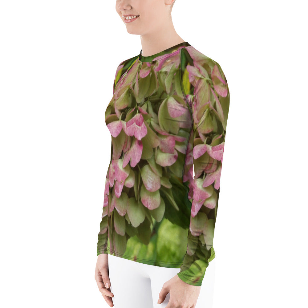 Women's Rash Guard Shirts, Autumn Hydrangea Bloom with Golden Hosta Leaves