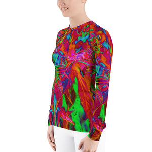 Women's Rash Guard Shirts, Psychedelic Groovy Red and Green Wildflowers