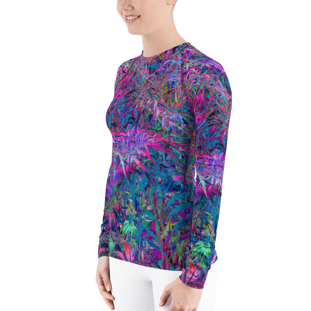 Women's Rash Guard Shirts, Abstract Psychedelic Rainbow Colors Foliage Garden