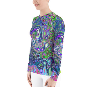 Women's Rash Guard Shirts, Marbled Lime Green and Purple Abstract Retro Swirl