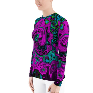 Colorful Women's Rash Guard Shirts, Bold Magenta Abstract Groovy Liquid Art Swirl