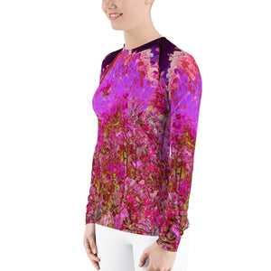 Women's Rash Guard Shirts, Colorful Abstract Foliage Garden with Purple Sunset