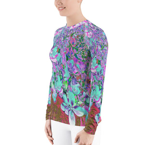 Women's Rash Guard Shirts, Elegant Aqua and Purple Limelight Hydrangea Detail